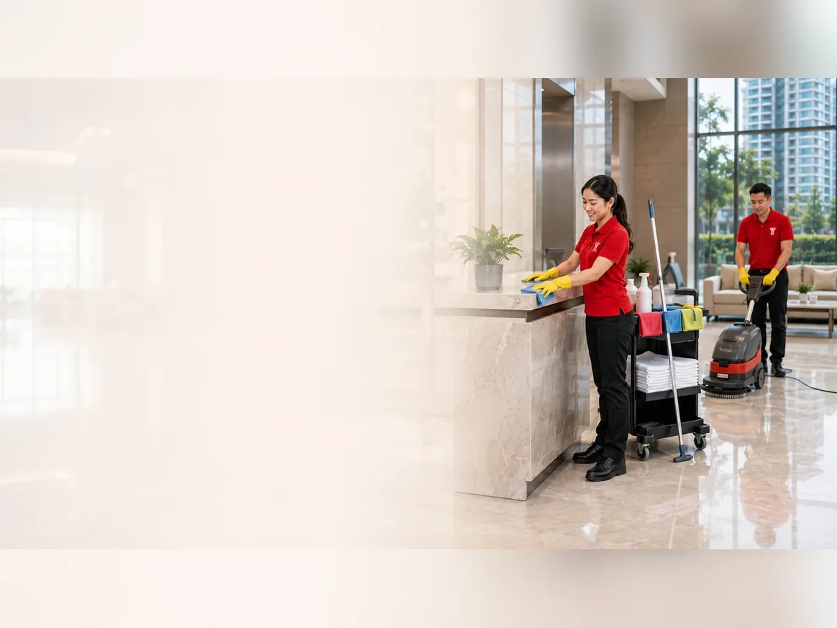Housekeeping team cleaning a condominium lobby and common area in Ipoh