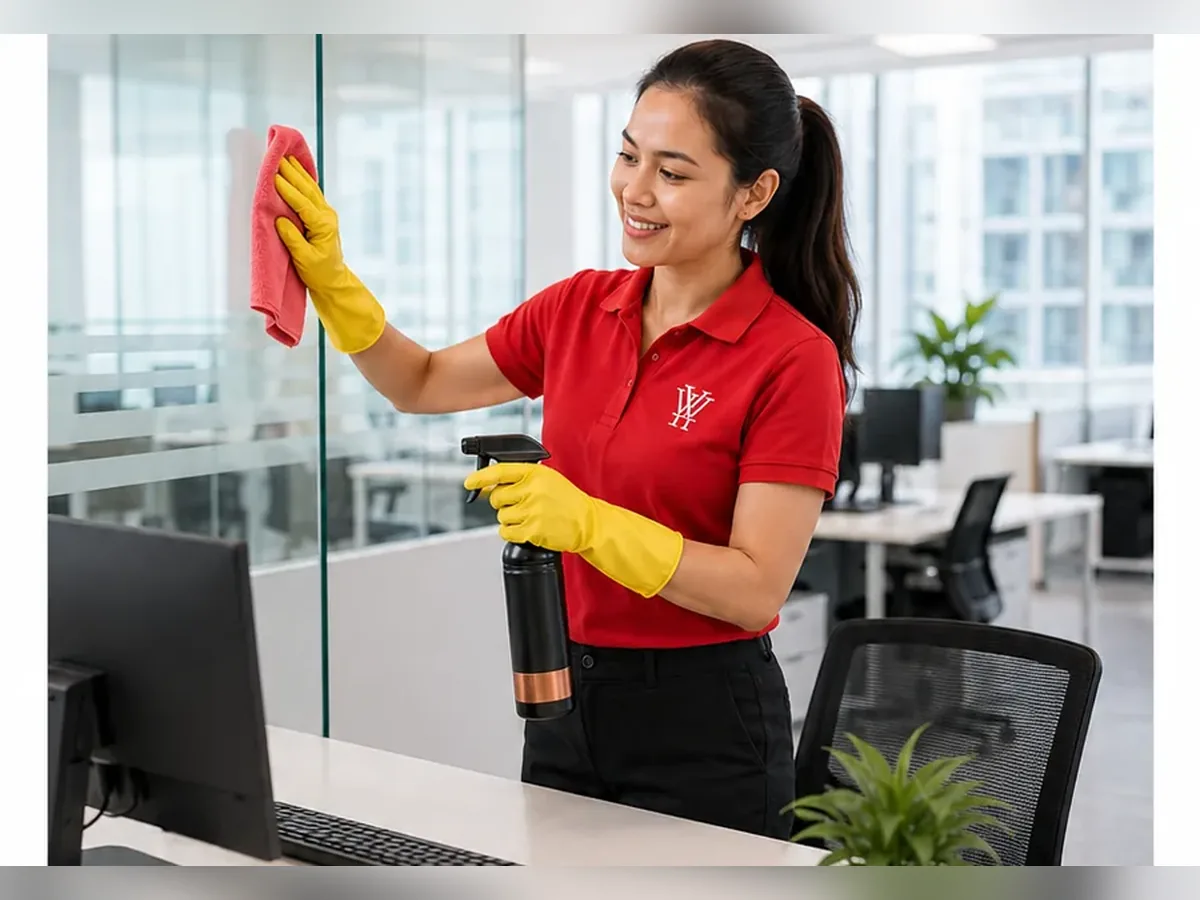 Commercial cleaner wiping glass partitions in a corporate office in Ipoh