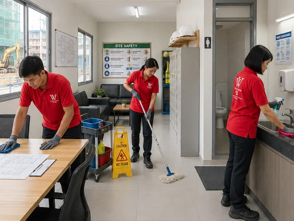 Cleaner maintaining a site office and washroom on a construction project