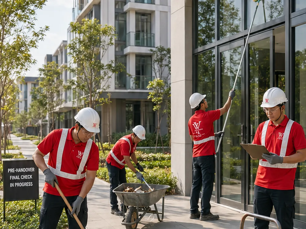 Team carrying out final pre-handover cleaning on a completed development