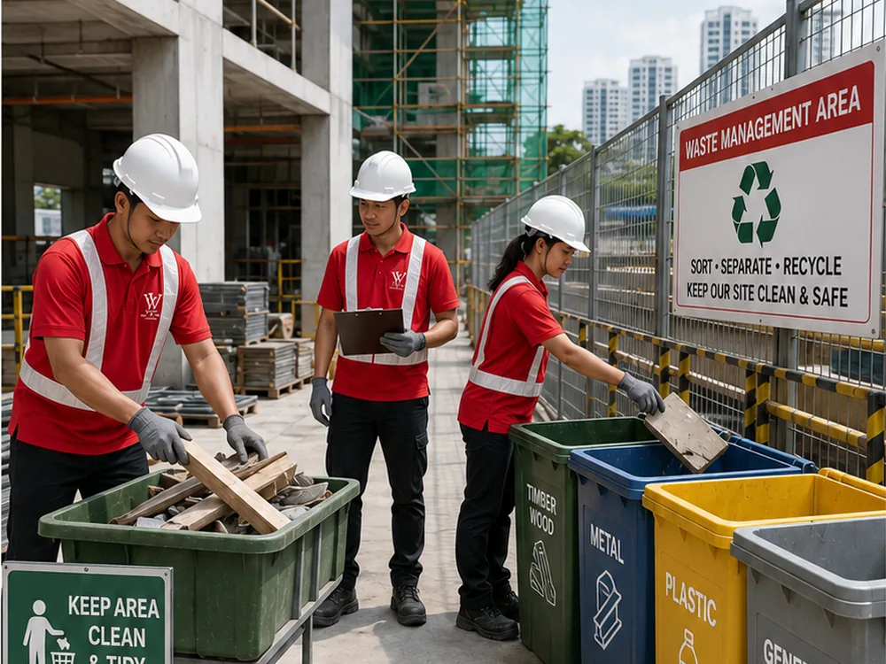 Workers sorting timber, metal and general waste into labelled site bins