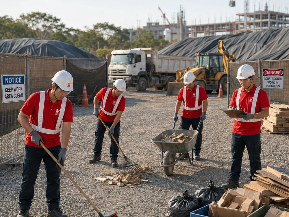 Crew clearing packaging and offcuts after construction activities in Ipoh