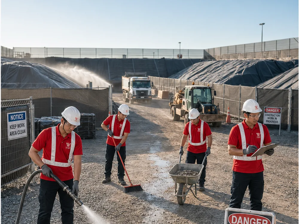 Worker controlling dust and keeping emergency access clear on a site