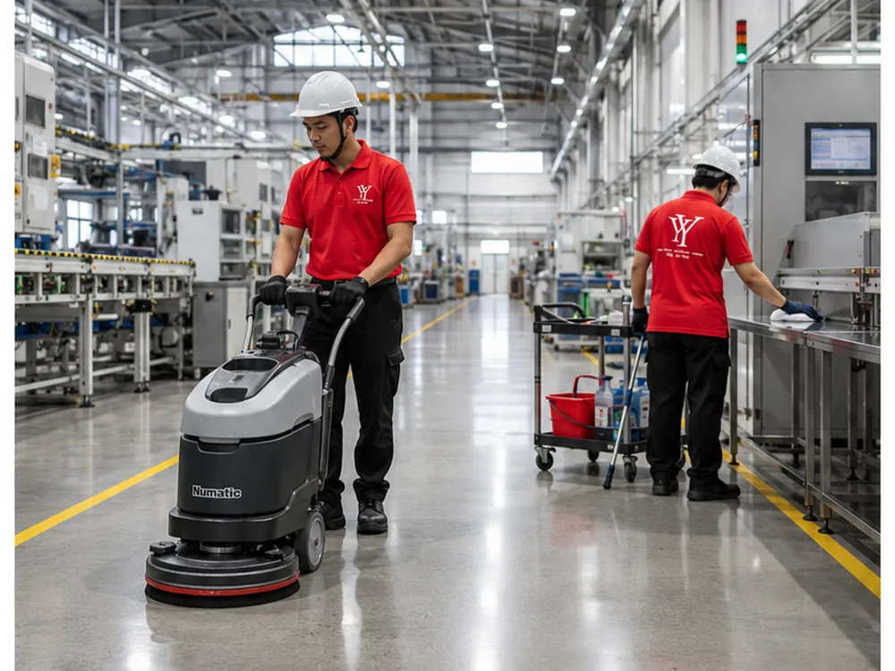 Housekeeper operating a floor scrubber inside a factory in Ipoh