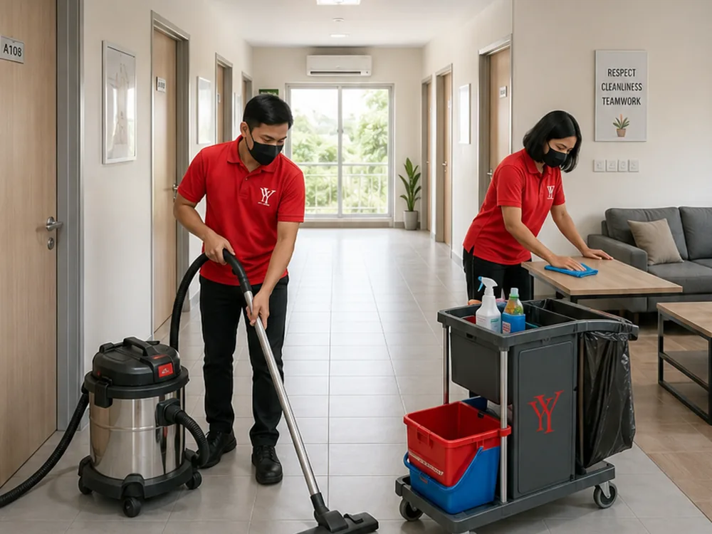 Housekeeping team cleaning a worker hostel corridor and common room in Ipoh