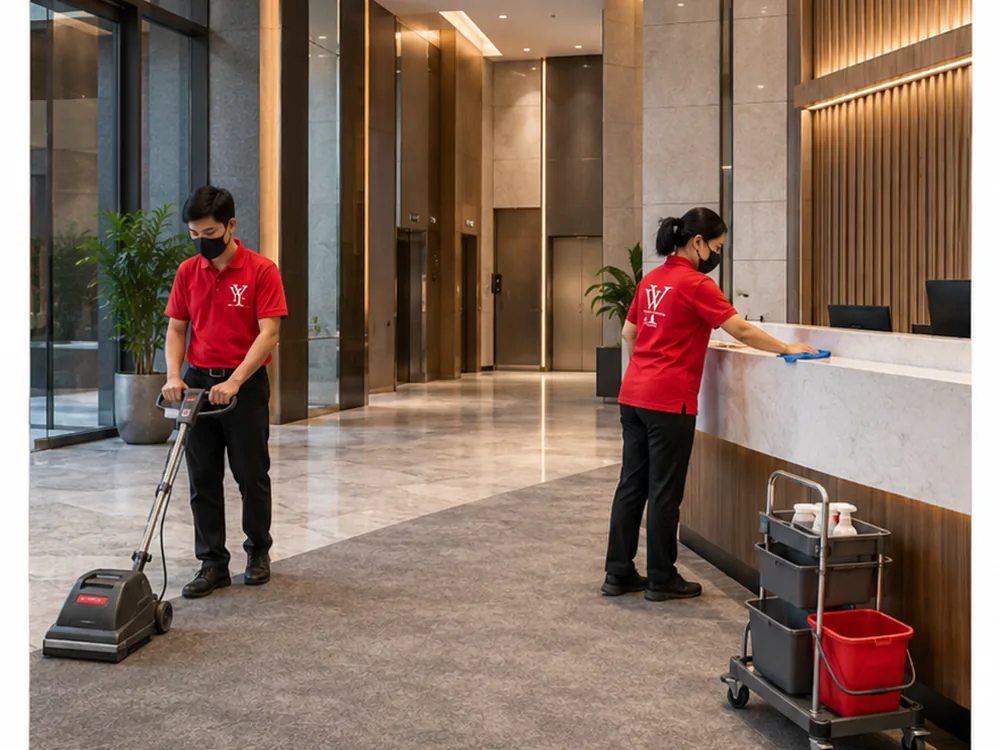 Housekeeper maintaining a shared lobby in a multi-tenant building in Ipoh
