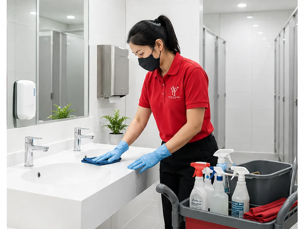Housekeeper cleaning a washroom sink and countertop in Ipoh
