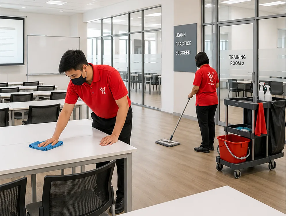 Housekeeper wiping tables in a training-centre classroom in Ipoh