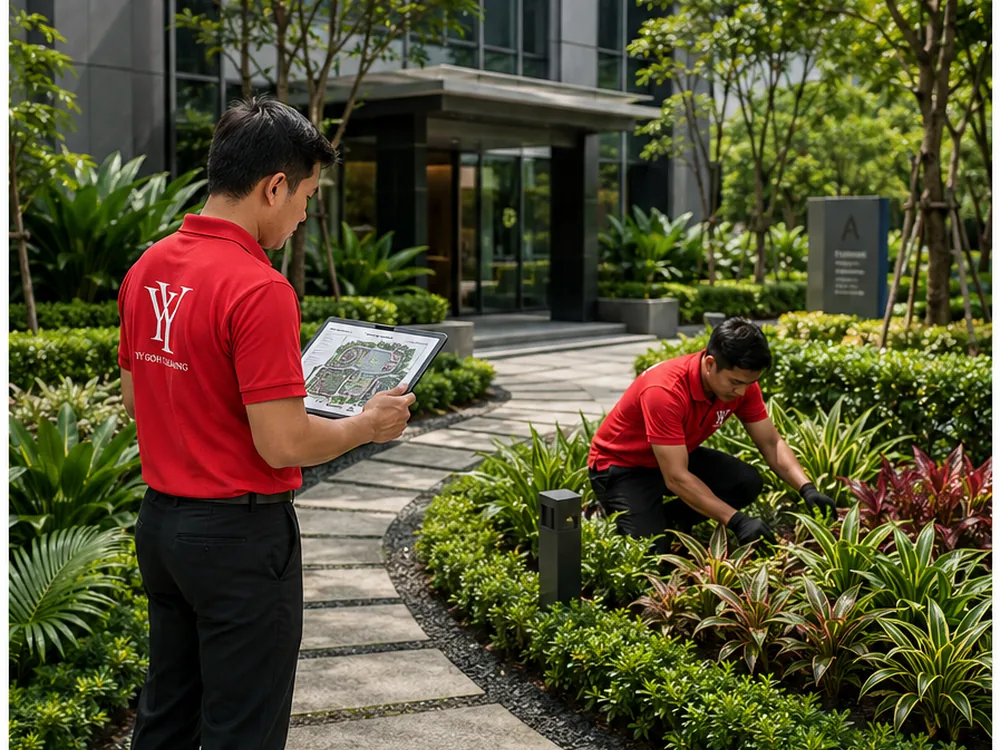 Landscaper reviewing a planting plan beside a corporate garden entrance