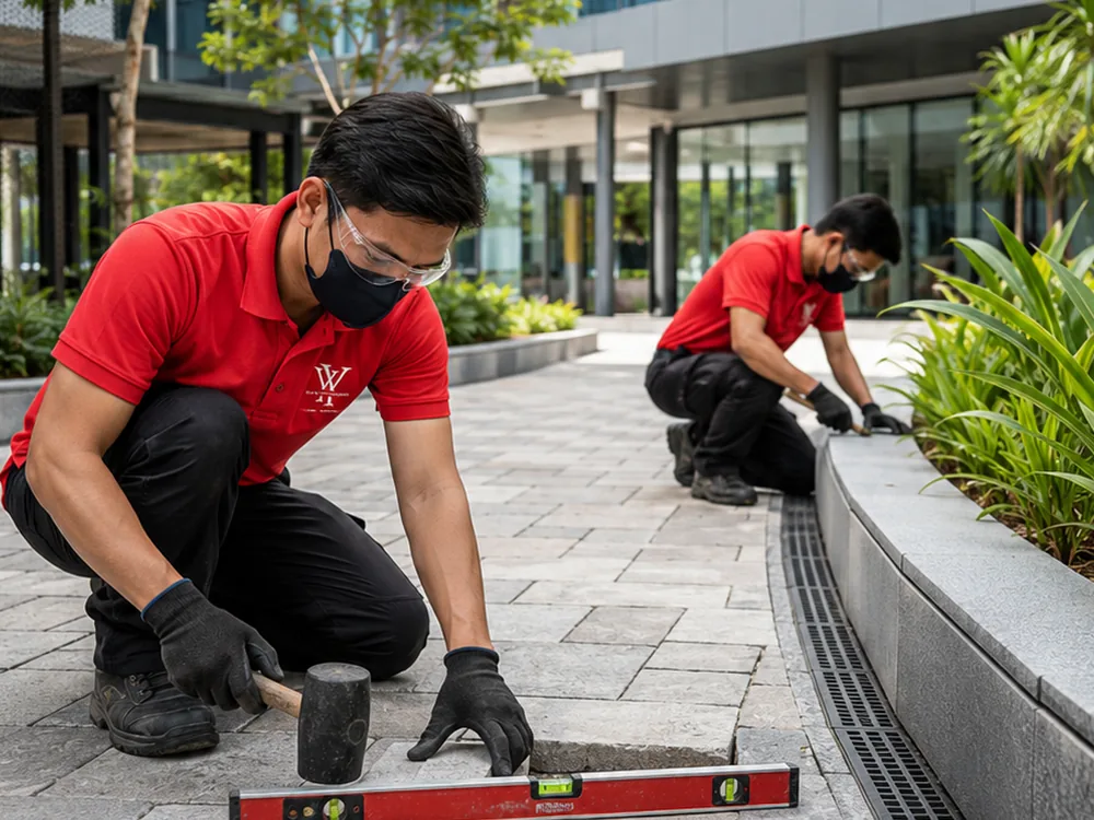 Worker laying paving and edging along a commercial walkway in Ipoh