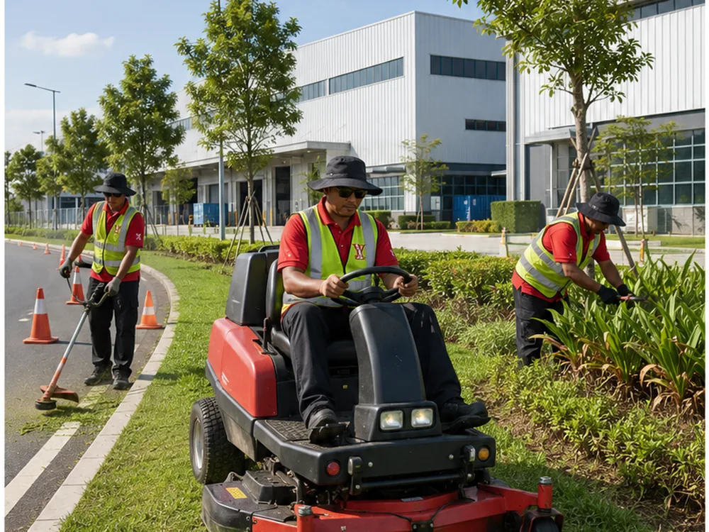 Operator on a ride-on mower maintaining grounds around an industrial facility