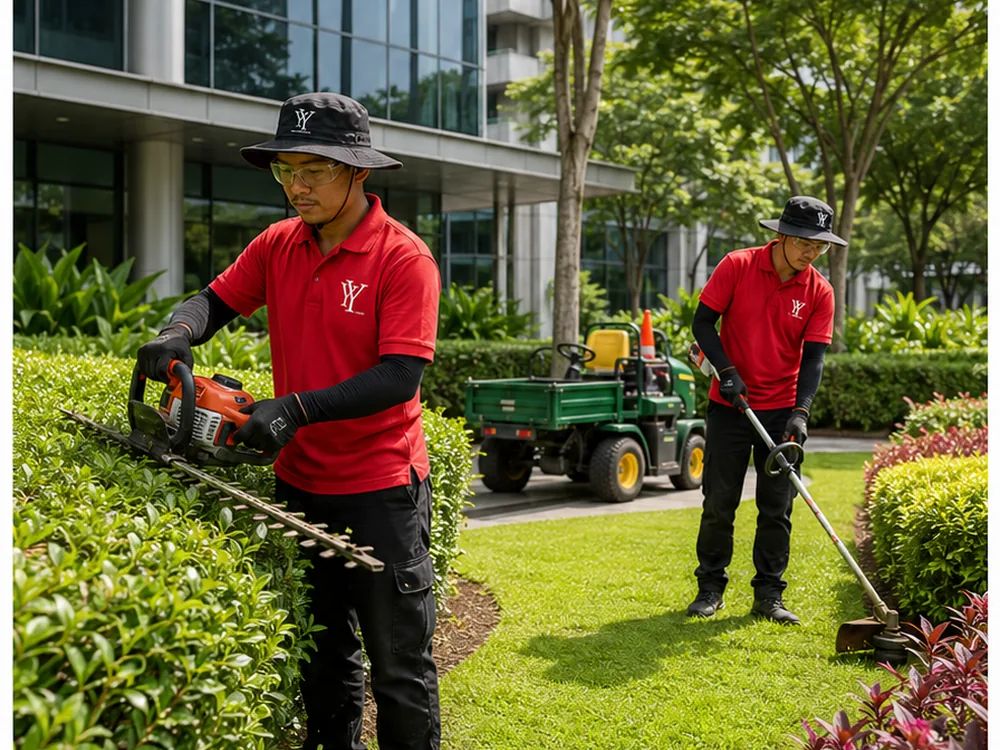 YY Goh landscaping team maintaining a commercial lawn and hedges in Ipoh