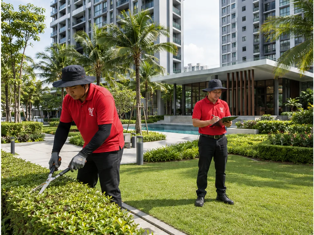 Landscaper trimming hedges in a condominium common garden in Ipoh