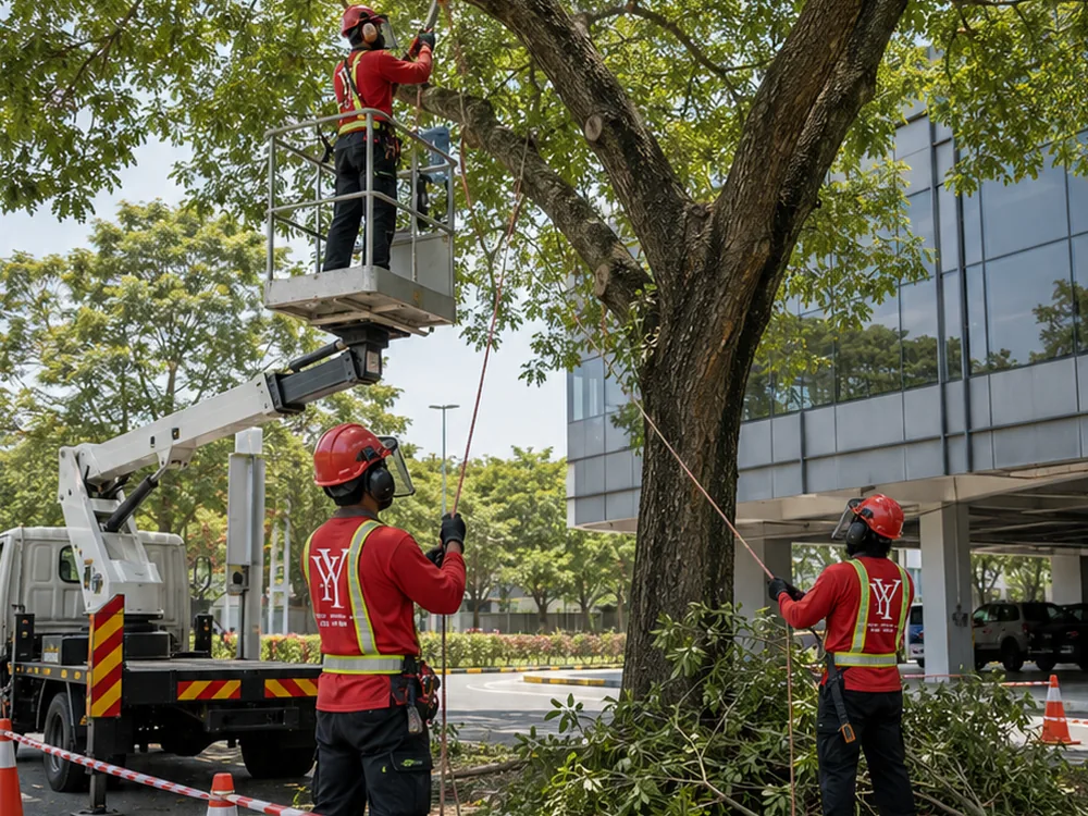 Crew safely pruning a mature tree from an elevated platform near an office