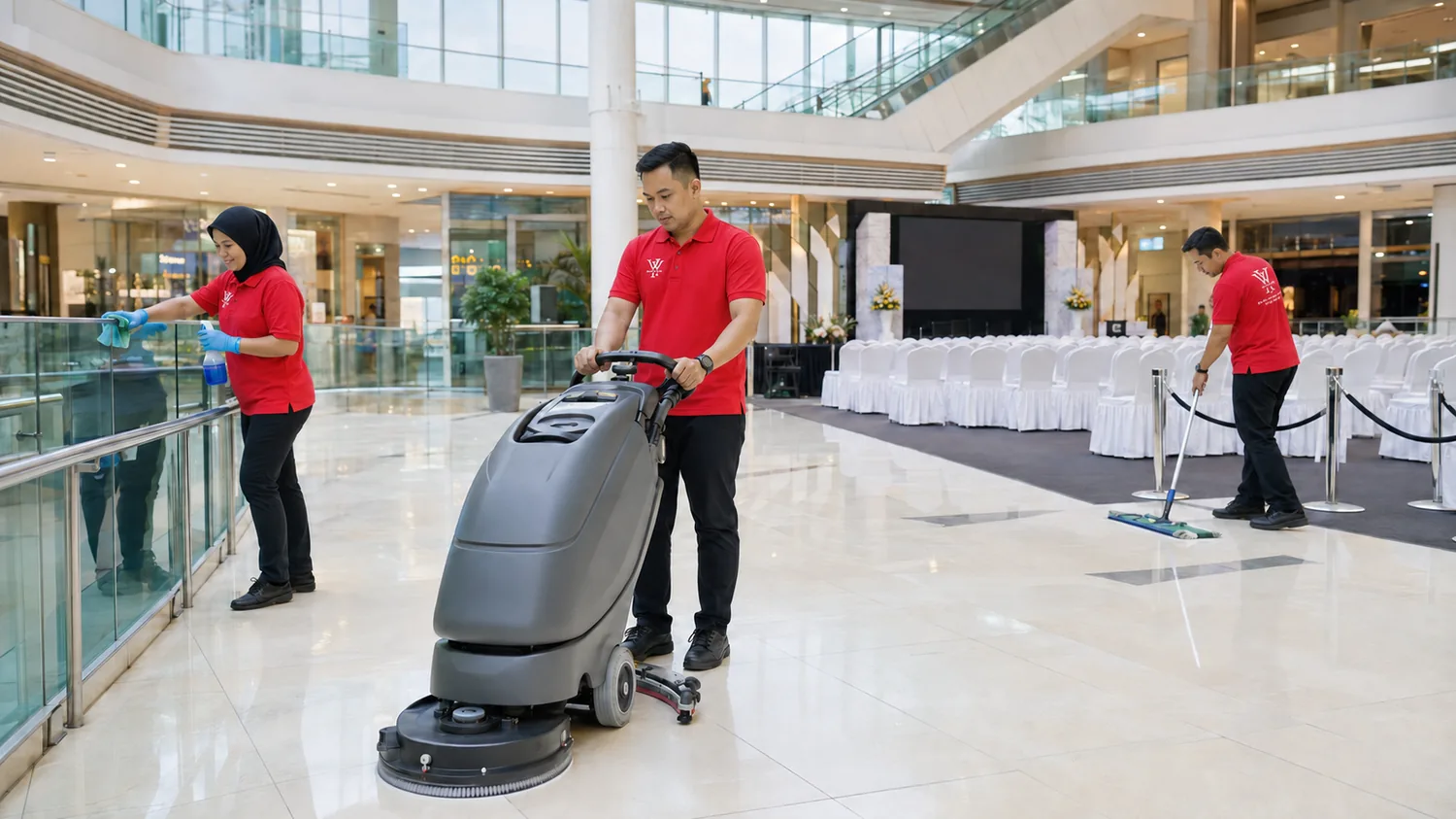 Housekeeping team preparing a mall atrium and event space