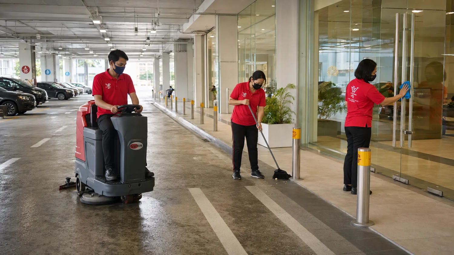 Cleaner maintaining a mall entrance and pedestrian access area