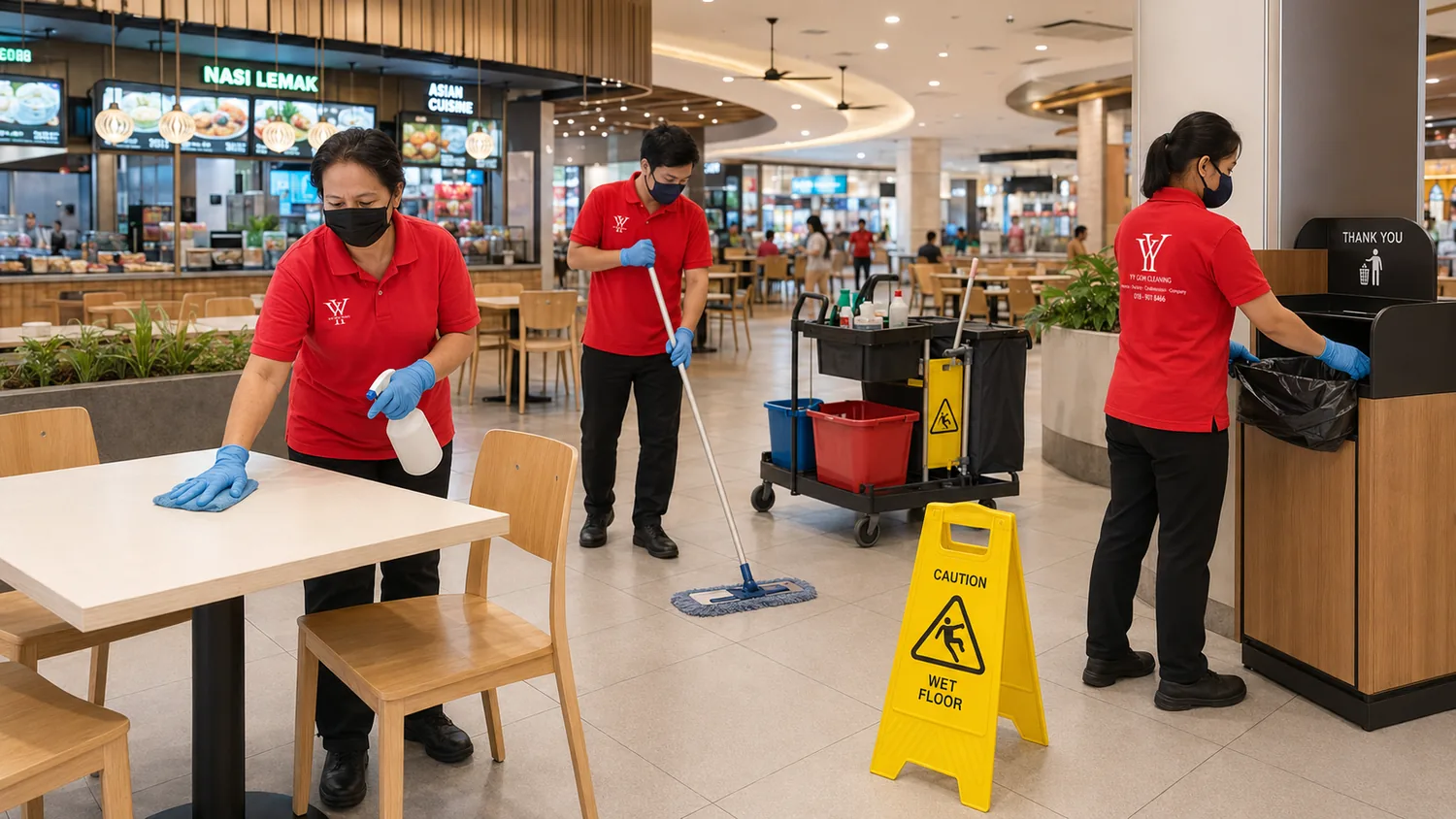 Cleaner sanitising tables and floors in a shopping-mall food court
