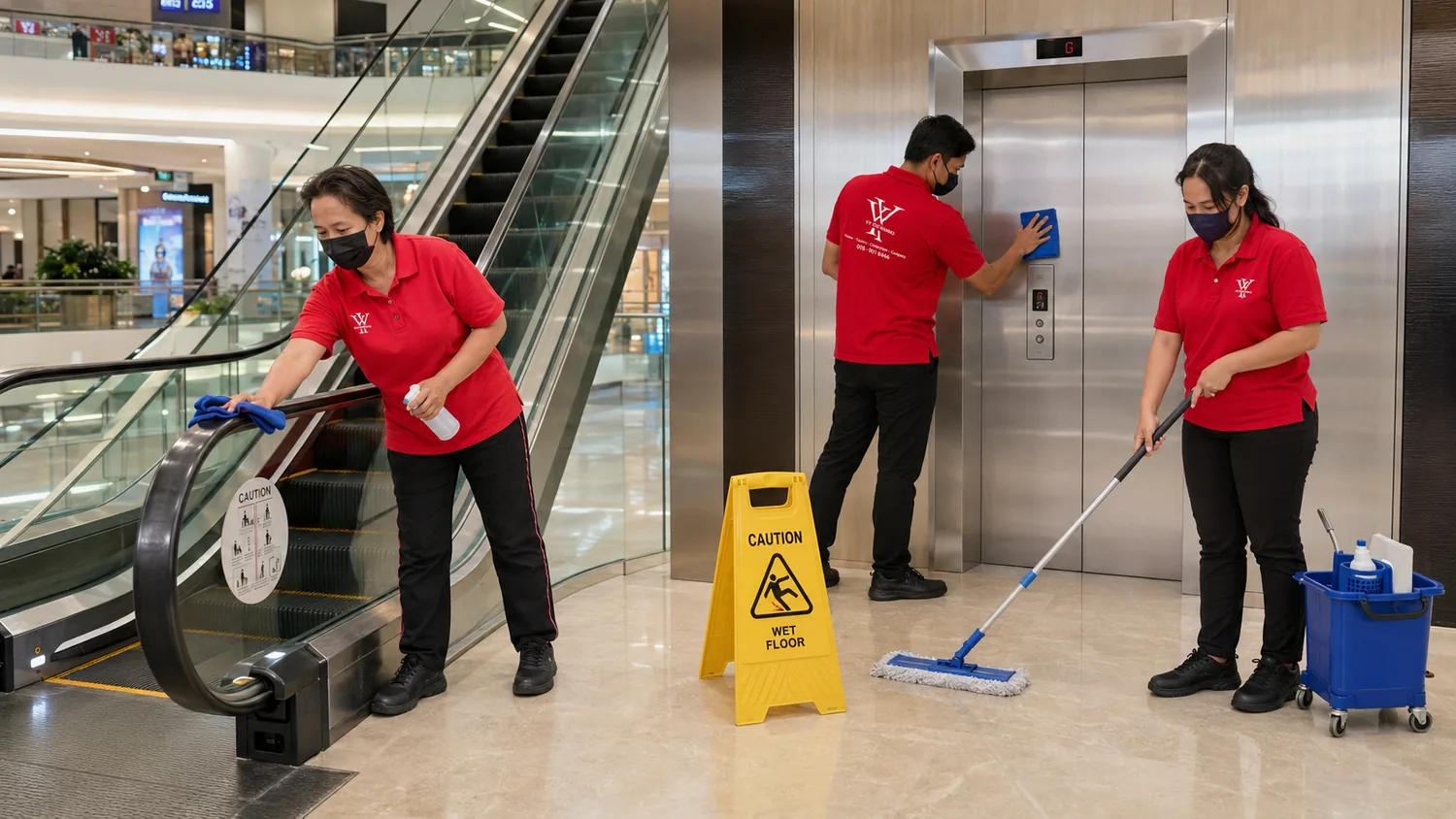 Cleaner polishing an escalator handrail and panels in a mall