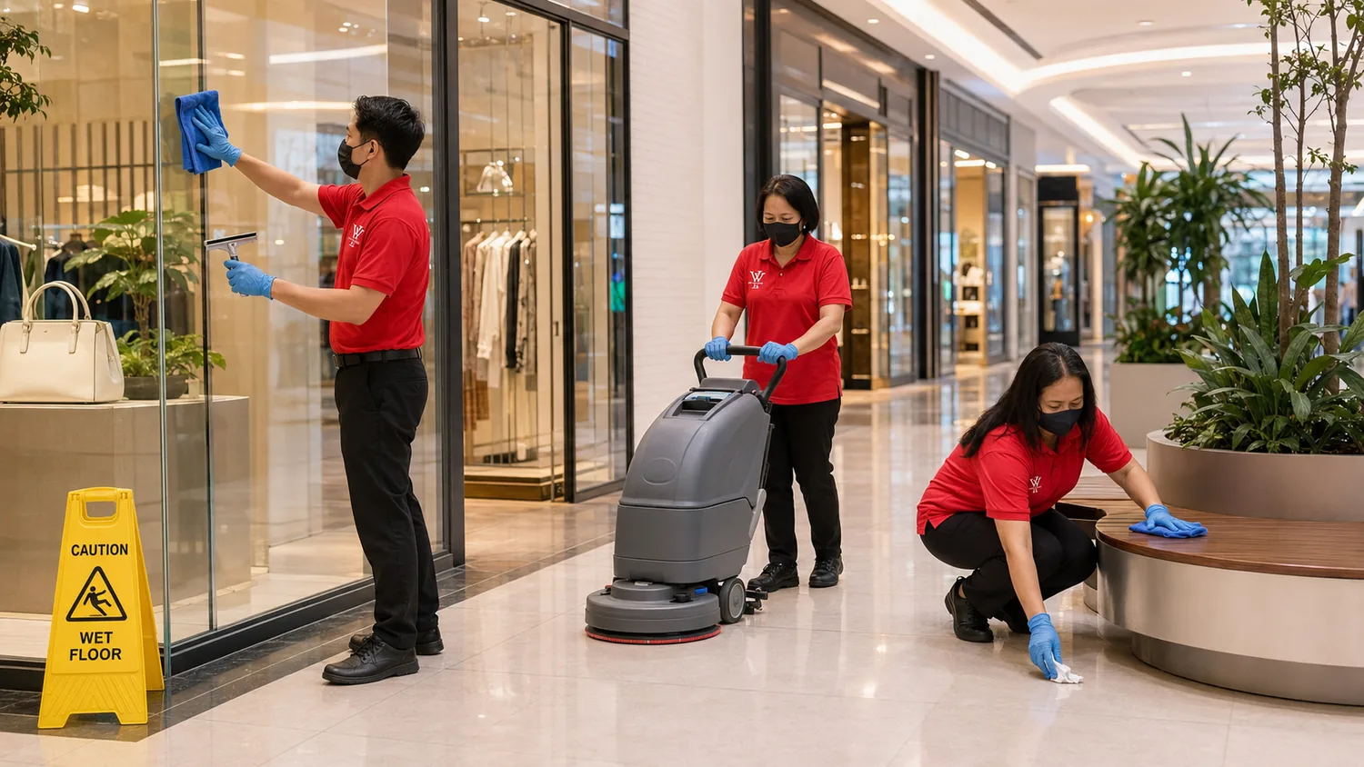 YY Goh housekeeping team maintaining a busy shopping-mall concourse in Ipoh