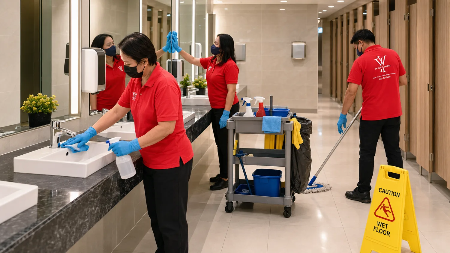 Housekeeper cleaning and restocking a mall washroom in Ipoh