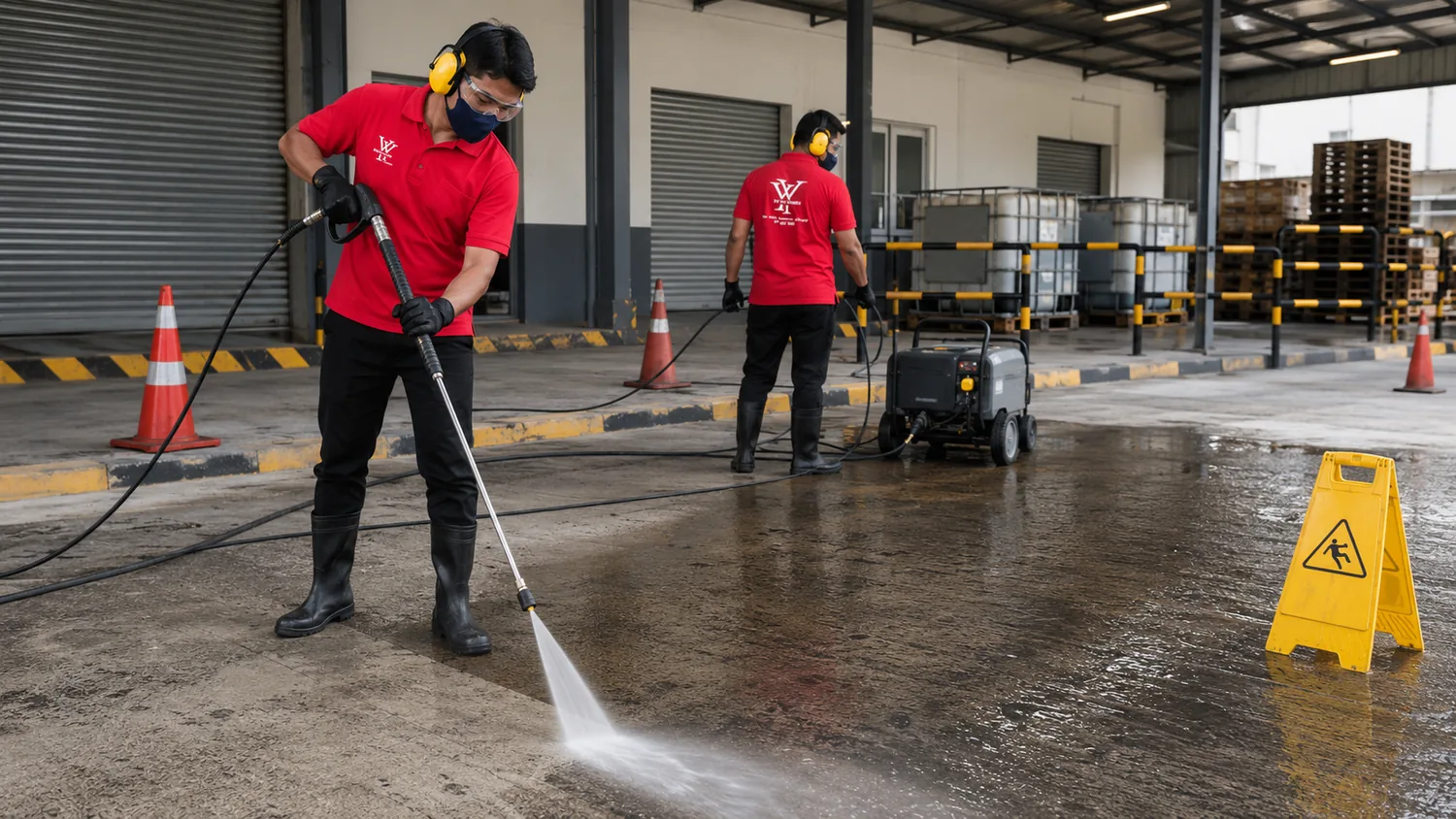 YY Goh operators using professional-grade water jet equipment on a hard surface