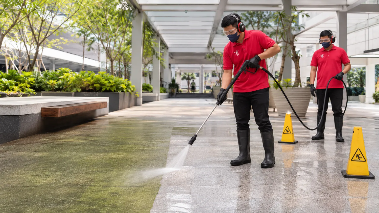 Water jet cleaning of a public walkway in Ipoh